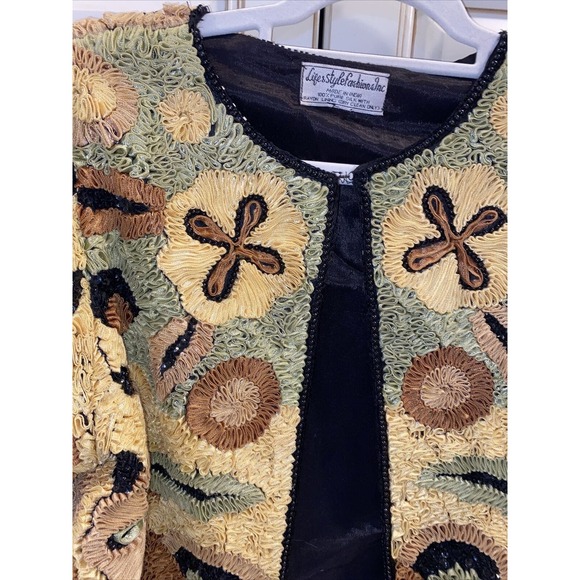 Silk Cocktail Jacket Life & Style Broquet Sequin Beaded Black Gold Olive Med - Picture 10 of 16
